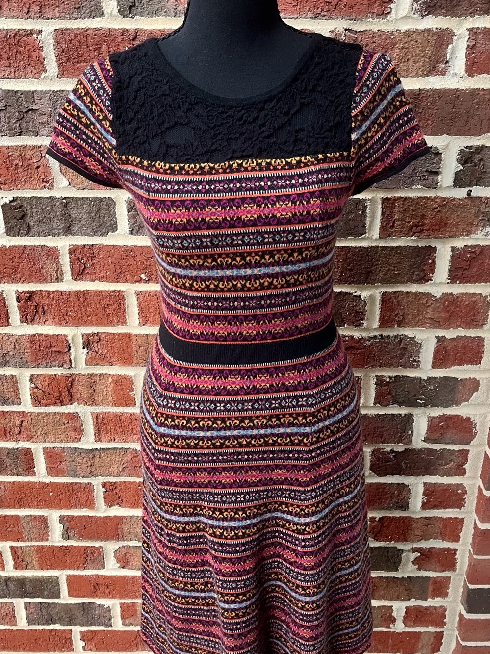 Sparrow Anthropologie Fair Isle Knit Dress w Black Lace - Wool Cashmere Blend XS